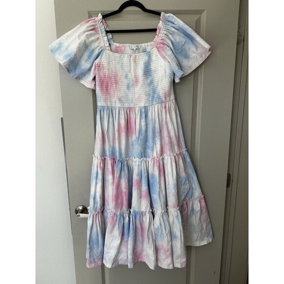 Ivy City NWT Cotton Candy Dress Midi Smocked Tiered Short Sleeve Blue Pink XL - Picture 2 of 7